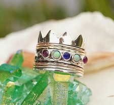 Krone Breit Dreh-Ring 925er Silber 56 57 58 59 Ring Kronenring Multi Opal Bunt