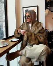 FANCY Luxury faux fur coat Brown Women's Fluffy Warm Short Chic Lapel Collar 