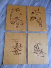 4 x Wandbild Holz mit Intarsien Japanische Motive aus DDR Zeiten 60 er, Geisha