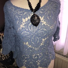 Italy Oversized Damen Netz Pulli Bändchengarn Häkel Blau  34-36 Pullover Top