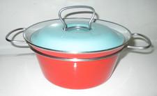 60er Mid Century MES Emaille Buntstahl Topf Deckel Kochtopf Blau Rot