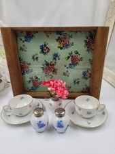 Art Deco Holz Tablett mit Glasbiden, Blumen Motiv