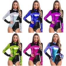 Damen Glänzender Metall-Body Glanz Color-Block-Jumpsuit Rave Modische Clubwear