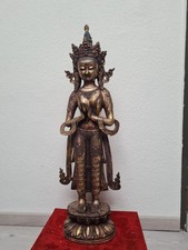 große weiße Tara Buddha Statuette Bronze vergoldet Yoga Mudra Chakra