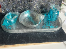 Set mit Ablage Tablett Schälchen Muschel Vase Türkis Klar Handmade