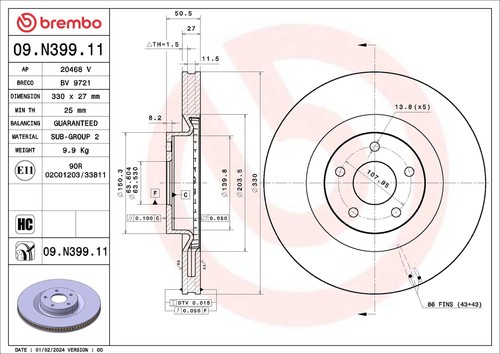 Brembo n399 bremsscheibe - brembo, 09.n399.11