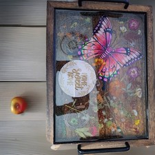 Tablett, Holz, Epoxidharz,  Trockenblumen, Schmetterling