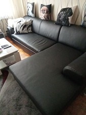 ECKSOFA L-FORM  ECHTLEDER SCHWARZ SCHLAFSOFA BETTKASTEN KOPFSTÜTZE HOCKER OTTOMA