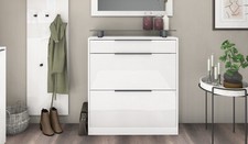 Schuhschrank Stehend Weiß Hochglanz Schuhkipper Metallgriffe Glasablage TOM 1