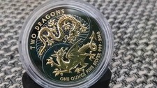 TWO DRAGONS Ruthenium 1 Oz Silver Coin 2£ United Kingdom 2018