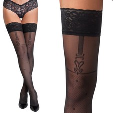 Halterlose Strümpfe 40 DEN S-XL breite Spitze Straps + Netz Muster sexy "Flirt"