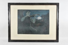 Q28Q12- Hans Thoma Lithografie Geigenspieler bei Vollmondnacht handsigniert 