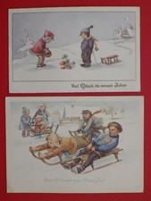 2 x alte Glückwunsch AK NEUJAHR Kinder mit Schlitten von 1940/56 ( F 17593