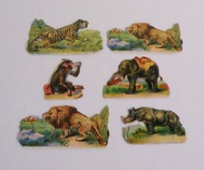 6x Präge Chromo Litho Oblate Andenkenbild Glanzbild Sammelbild Affe Elefant Löwe