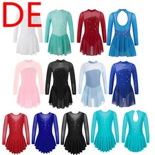 DE Mädchen Glitzer Eiskunstlauf Kleid Langarm Tanzkleid mit Strass Trikot 