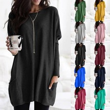 Damen Mode Tunika Langarm Longshirt Freizeit Pulloverkleid Oberteile Hem Bluse