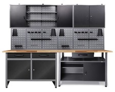 Ondis24 Werkstatt Set 240cm 2x Werkbank Metall 2x Werkzeugschrank Lochwand Haken
