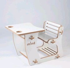 m!nd Kinderschreibtisch mit integrierter Sitzbank, Kindertisch aus weißem...