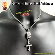 1 Totenkopf Strass Kreuz Anhänger - Skull silberfarben Damen Ring Collier 