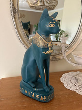 Ägyptische Göttin Katze Bastet Katzen Figur Blau Türkis Gold Statue Figur  2805-