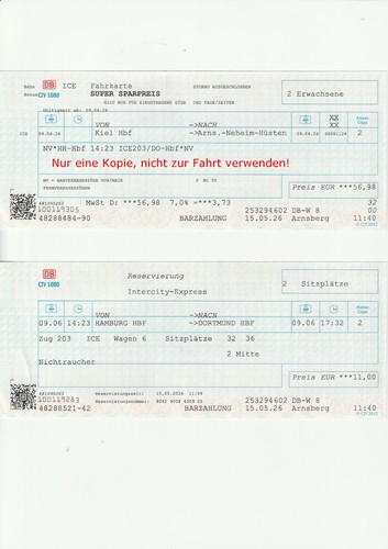 Zwei fahrscheine von kiel - zwei, db