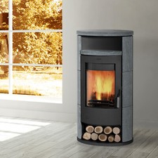 Fireplace Alicante Kaminofen Stahl Schwarz 8 kW Holzfach Speckstein Naturstein