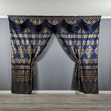 Verdunkelungsvorhang Barock Gardine Blickdicht mit Querbehang Set Perde Blau