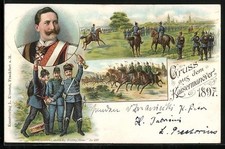 AK Grüsse vom Kaisermanöver, Soldaten in Uniform zu Pferde, Wilhelm II. 1897 