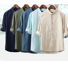 Herren Leinen Hemd Frosch Knopf Hochgerollter Ãrmel Kung Fu Mandarinkragen Neu