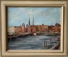 Ölbild Maritim Stadtansicht mit Hafen Hamburg unleserlich signiert