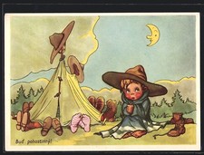 Pfadfinder sitzt vor dem Zelt