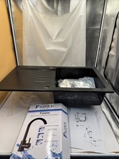 Granitspüle 76×44 + Armatur Schwarz beidseitig Montierbar Einbau Küchenbecken