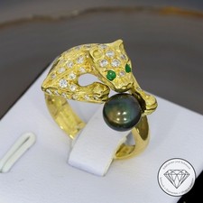 Wert 4.120,- Edler Panther Cat Perlen Brillant Smaragd Ring 750 /18 Kt Gold xxyy