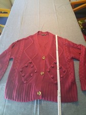 🍬 Dunkelrote Strickjacke Boohoo Mit Bommeln Pompoms 44 46 Vintage Ethno 