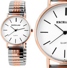 Damenuhr Frauen Armbanduhr Weiß Rotgold Silber Zugarmband Stretchband Flex 17/36