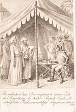 Historische Szene Nabobs Surajah Daula Friedensvorschläge Kupferstich um 1750