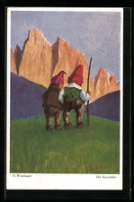 Künstler-AK sign. F. Wiesbauer: Die Ausreißer, Zwei Zwerge in den Bergen 