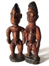 Yoruba Ibedji-Zwillingspaar, traditionelle Tribal Art Afrika, 20 und 21cm, Holz