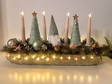 Adventskranz Adventsgesteck rosa mint / grün Wichtel Stabkerzen LED