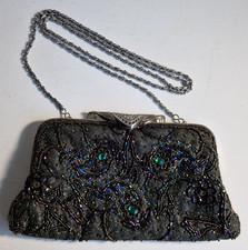 Abendhandtasche Perlen Schultertasche Schwarz Bunt Silberkette 1980/90er Vtg.