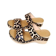 Damen Sandalen Leopard Print - Hausschuhe Keilabsatz Slip-On Pantoletten