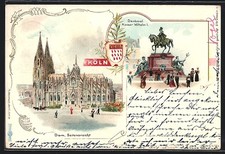 Lithographie Köln, Seitenansicht des Doms, Denkmal Kaiser Wilhelm I., Wappen um 
