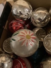 Ca 1950 Retro, antik  43 ST Glas Weihnacht Kugeln + Christbaum+Spitze, 22 cm