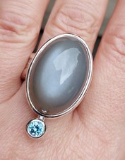 Goldschmiede Ring 925 Silber XL Mondstein + Zirkon - Handarbeit - Kiodesign