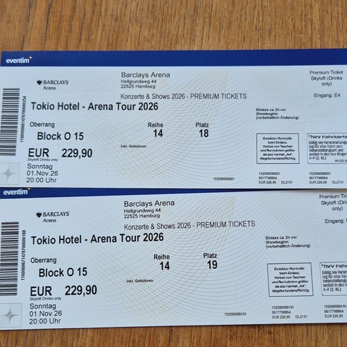 Tokio hotel arena tour - hotel, 2026