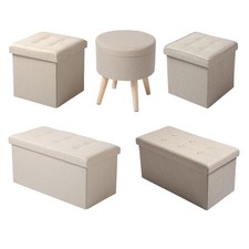 Sitzhocker mit Stauraum Fußhocker Gepolsterte Sitzfläche Leinen Cremeweiß #2155