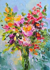Blumenstrauß in Pastellfarben Ölmalerei 10x15 cm original Ölgemälde auf Karton