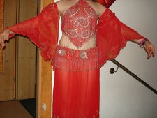 Orientalisches Bauchtanz 3-teilig Gr. 36/38, Original aus Dubai, rot mit Chiffon