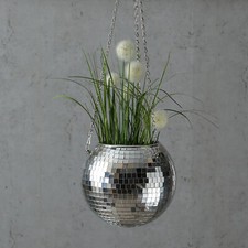 Hängende Blumenampel Discokugel Spiegelkugel Blumentopf Übertopf 20cm silber