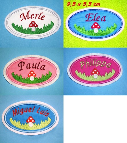 Namensbutton mit fliegenpilz - namensbutton,